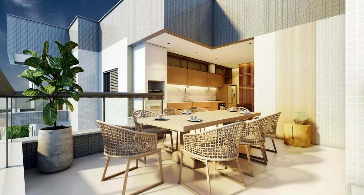 Espaço grill com mesa e cozinha