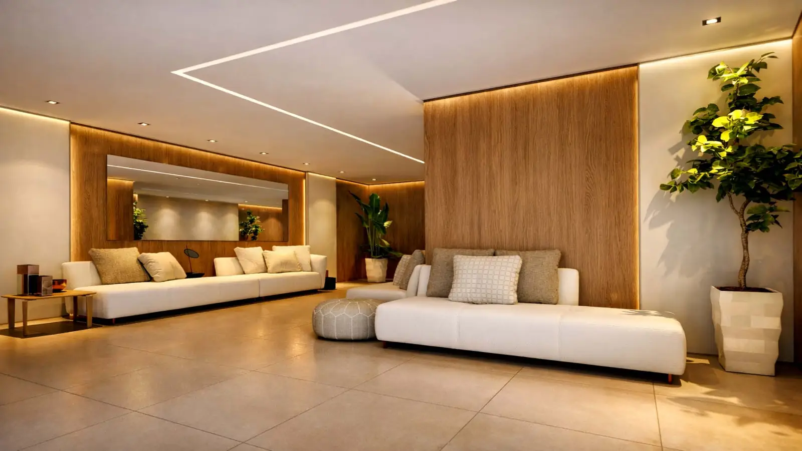 Hall de entrada com painéis de madeira e sofás