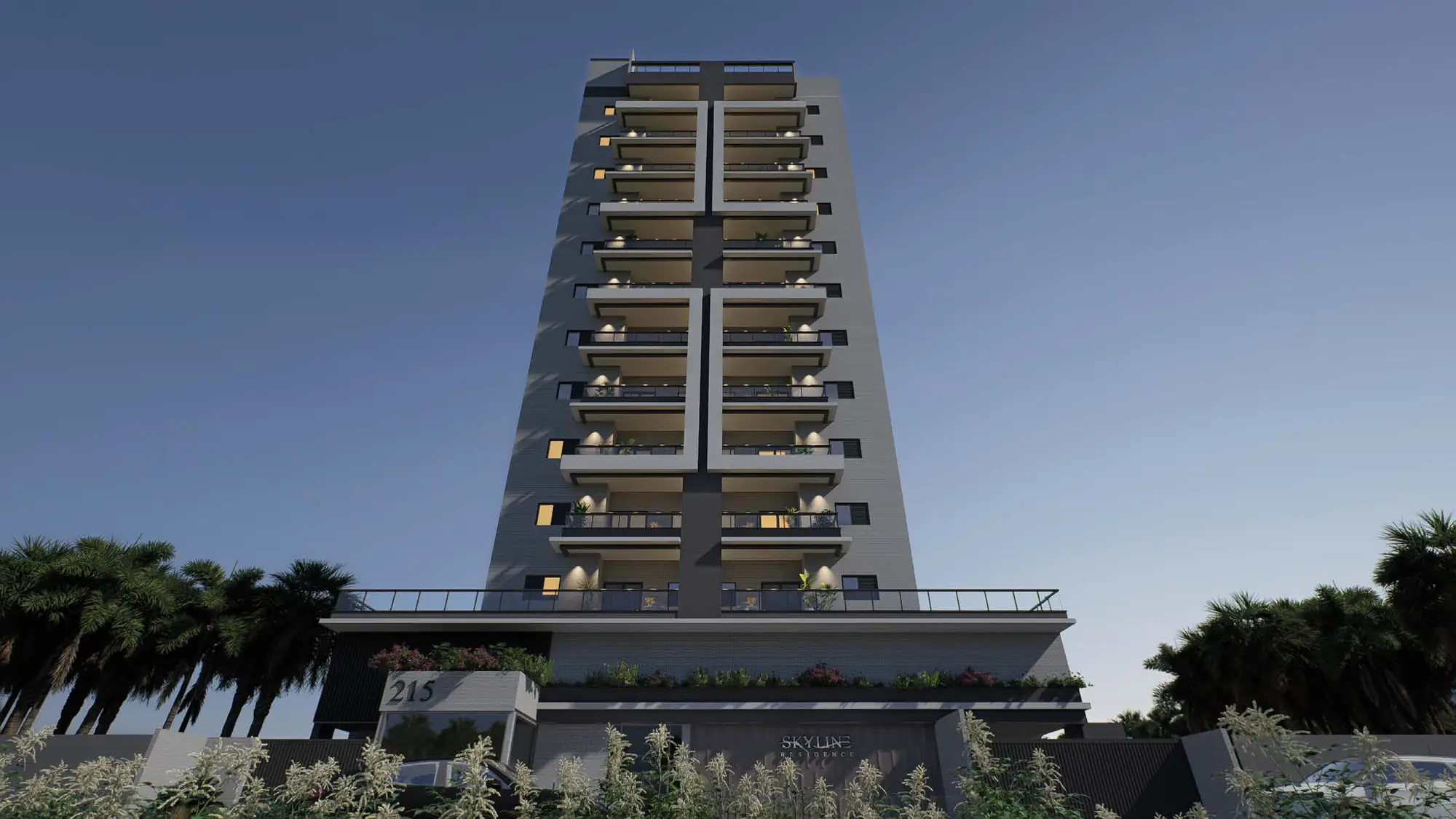 Fachada do Skyline Residence ao entardecer, torre única com varandas iluminadas