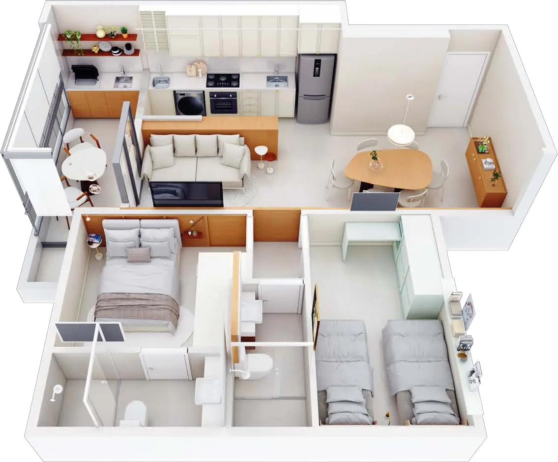 Planta humanizada em 3D de um apartamento de 2 dormitórios