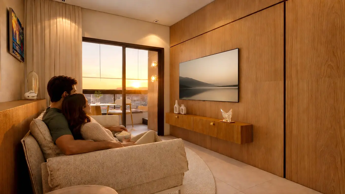 Sala de estar com painel de madeira e vista para a varanda