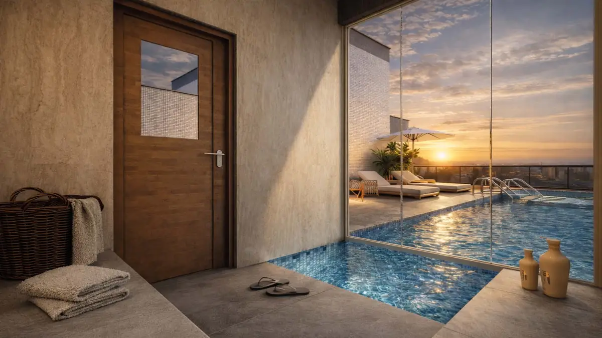 Sauna com acesso à piscina